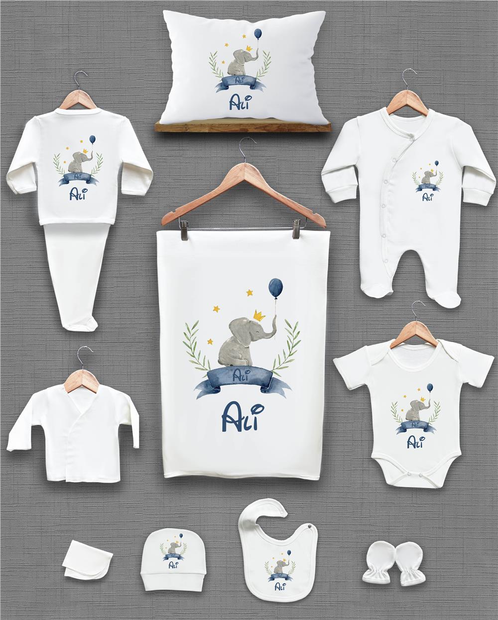 Fil ve Yaprak Çelenk Desenli 11'li İsimli Organik Hastane Çıkış Seti