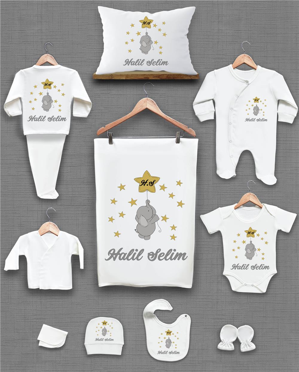 Fil ve Yıldız Desenli 11'li İsimli Organik Hastane Çıkış Seti