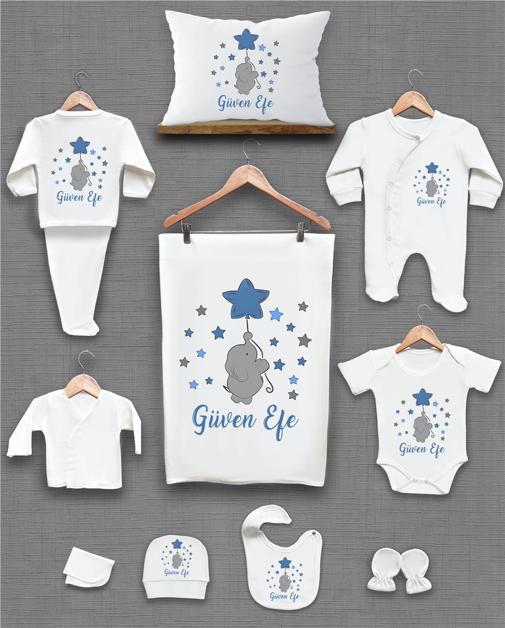 Fil ve Yıldız Desenli 11'li İsimli Organik Hastane Çıkış Seti