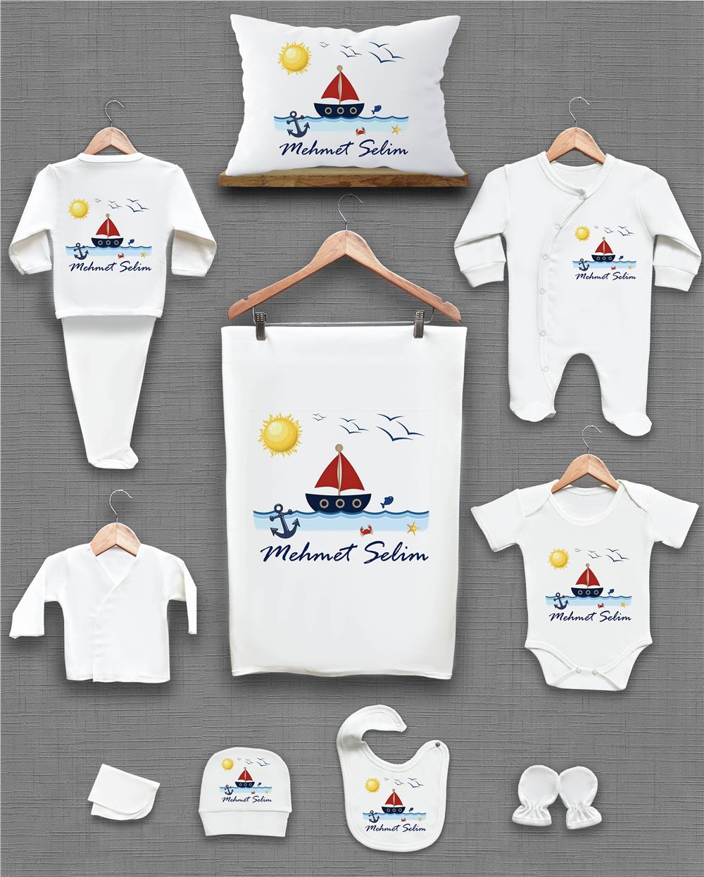 Gemi Güneş ve Deniz Desenli 11'li İsimli Organik Hastane Çıkış Seti