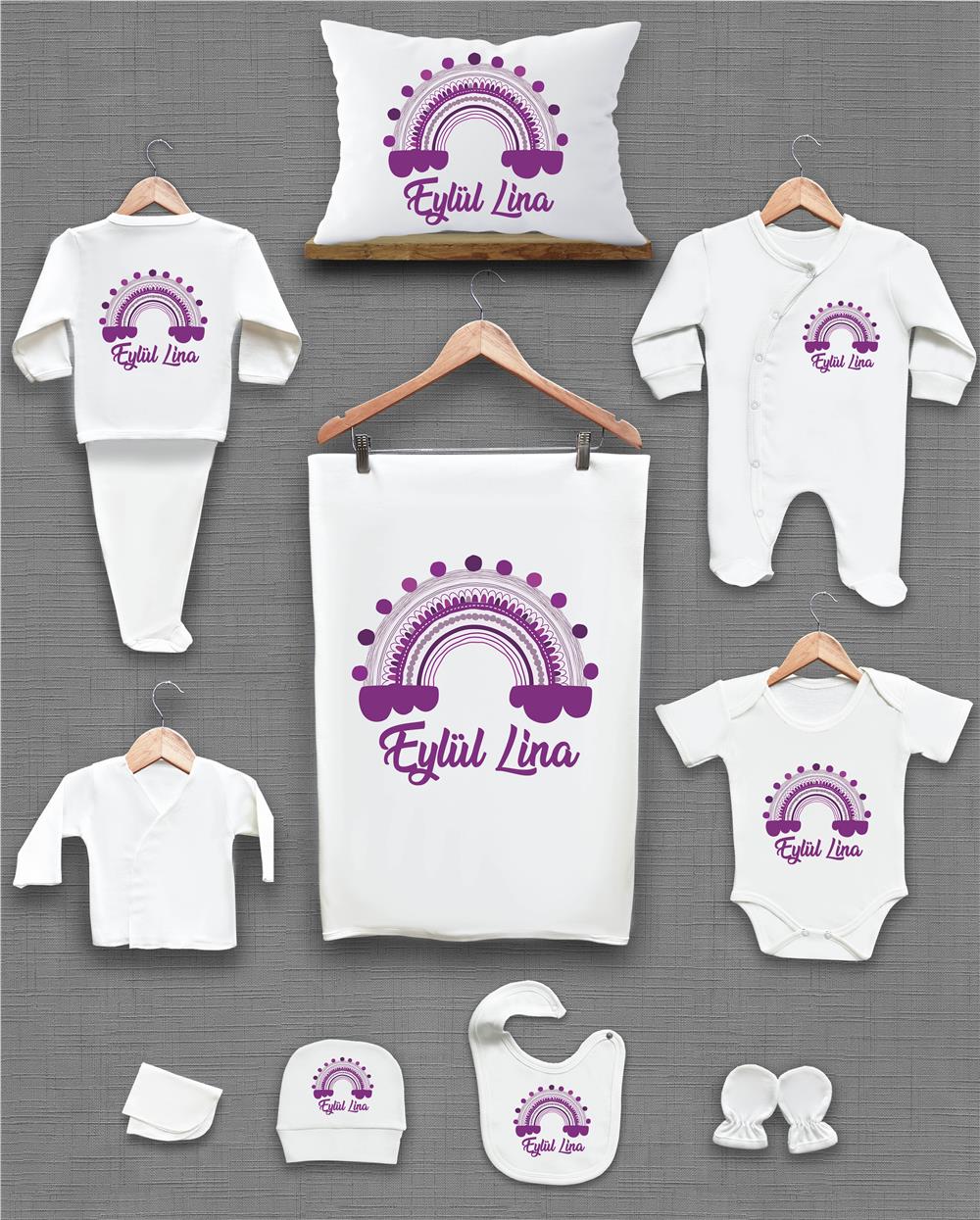 Gökkuşağı Desenli 11'li İsimli Organik Hastane Çıkış Seti