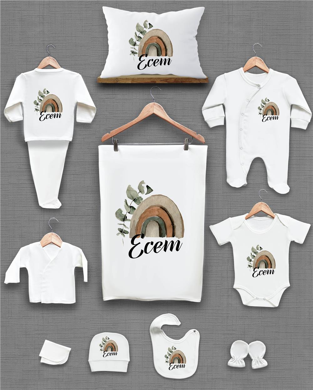 Gökkuşağı Desenli 11'li İsimli Organik Hastane Çıkış Seti