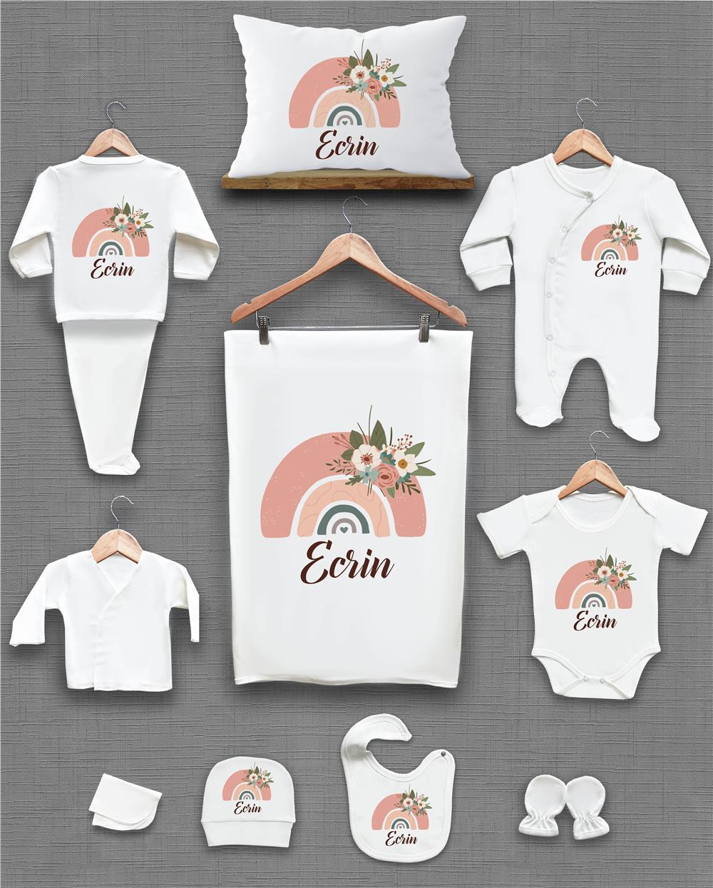 Gökkuşağı ve Çiçek Desenli 11'li İsimli Organik Hastane Çıkış Seti