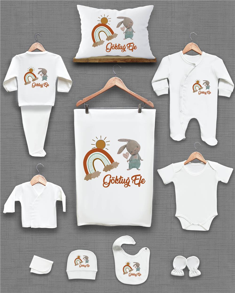 Gökkuşağı ve Tavşan Desenli 11'li İsimli Organik Hastane Çıkış Seti