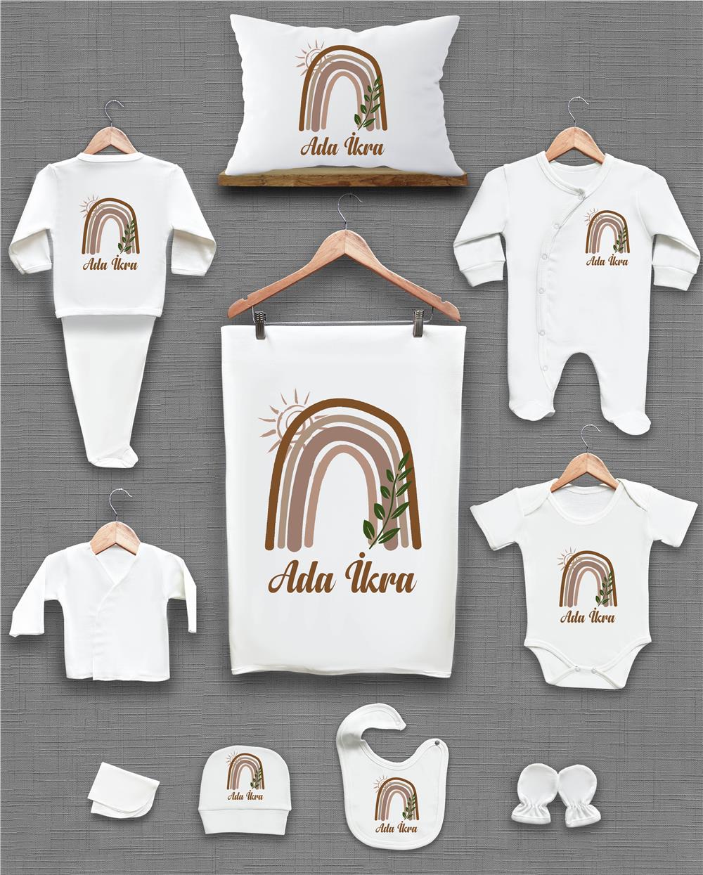 Gökkuşağı ve Yeşil Yaprak Desenli 11'li İsimli Organik Hastane Çıkış Seti