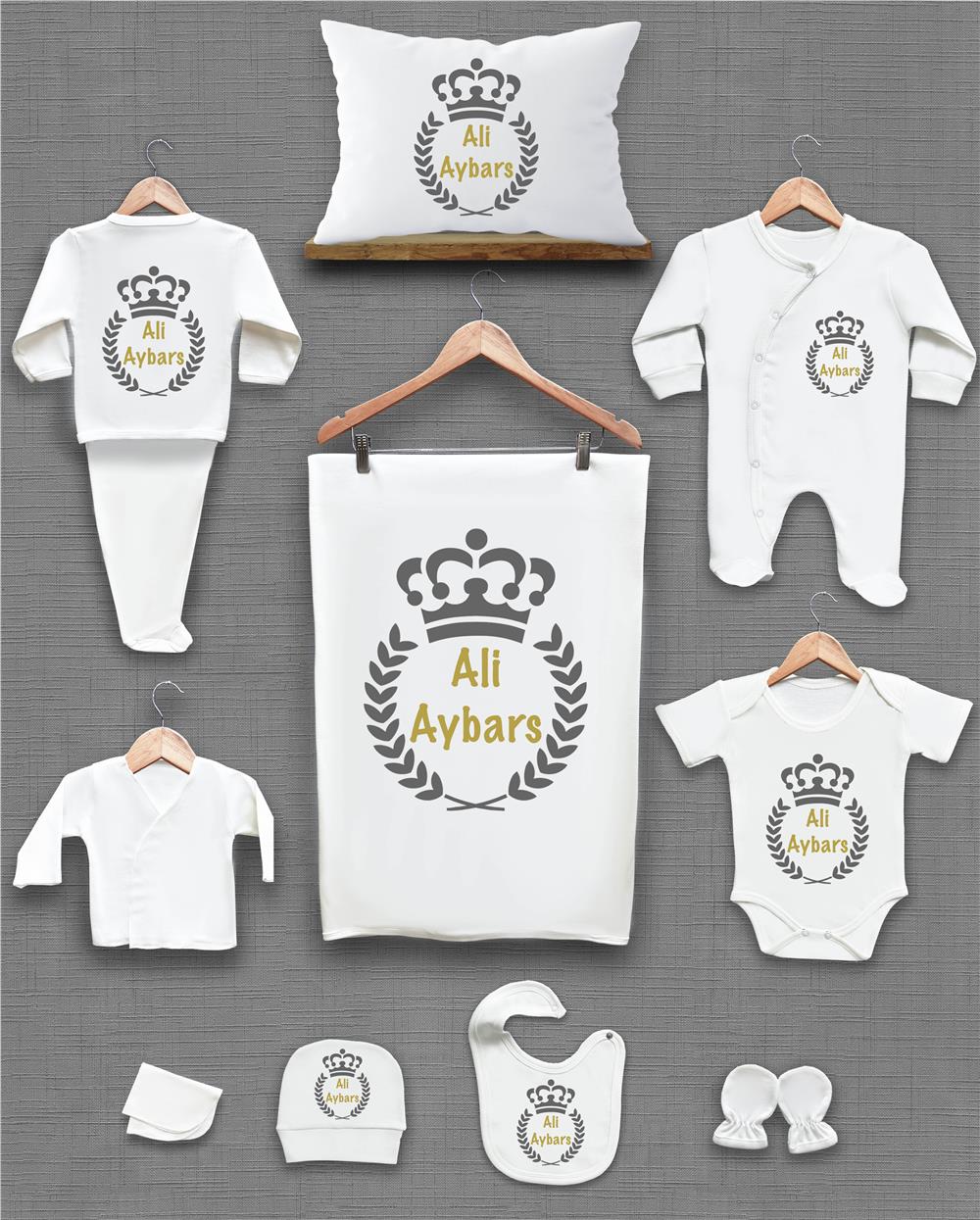 Gri Çelenk Desenli 11'li İsimli Organik Hastane Çıkış Seti