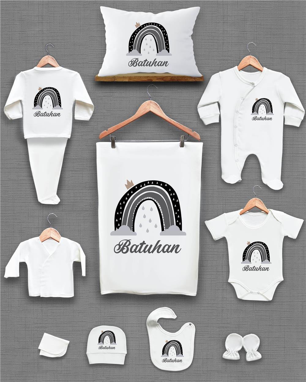 Gri ve Siyah Gökkuşağı Desenli 11'li İsimli Organik Hastane Çıkış Seti