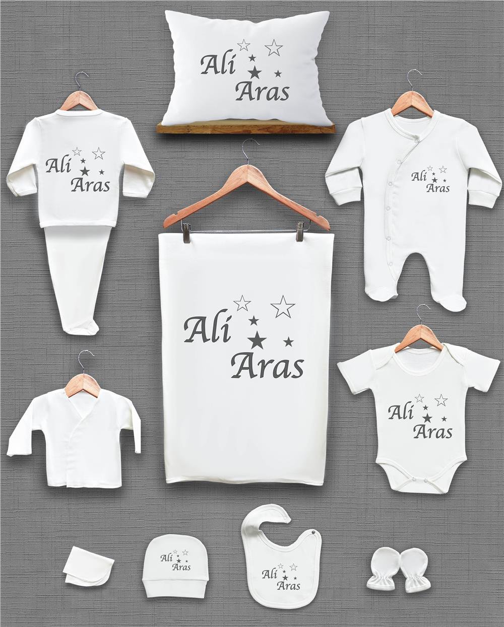 Gri Yıldız Desenli 11'li İsimli Organik Hastane Çıkış Seti