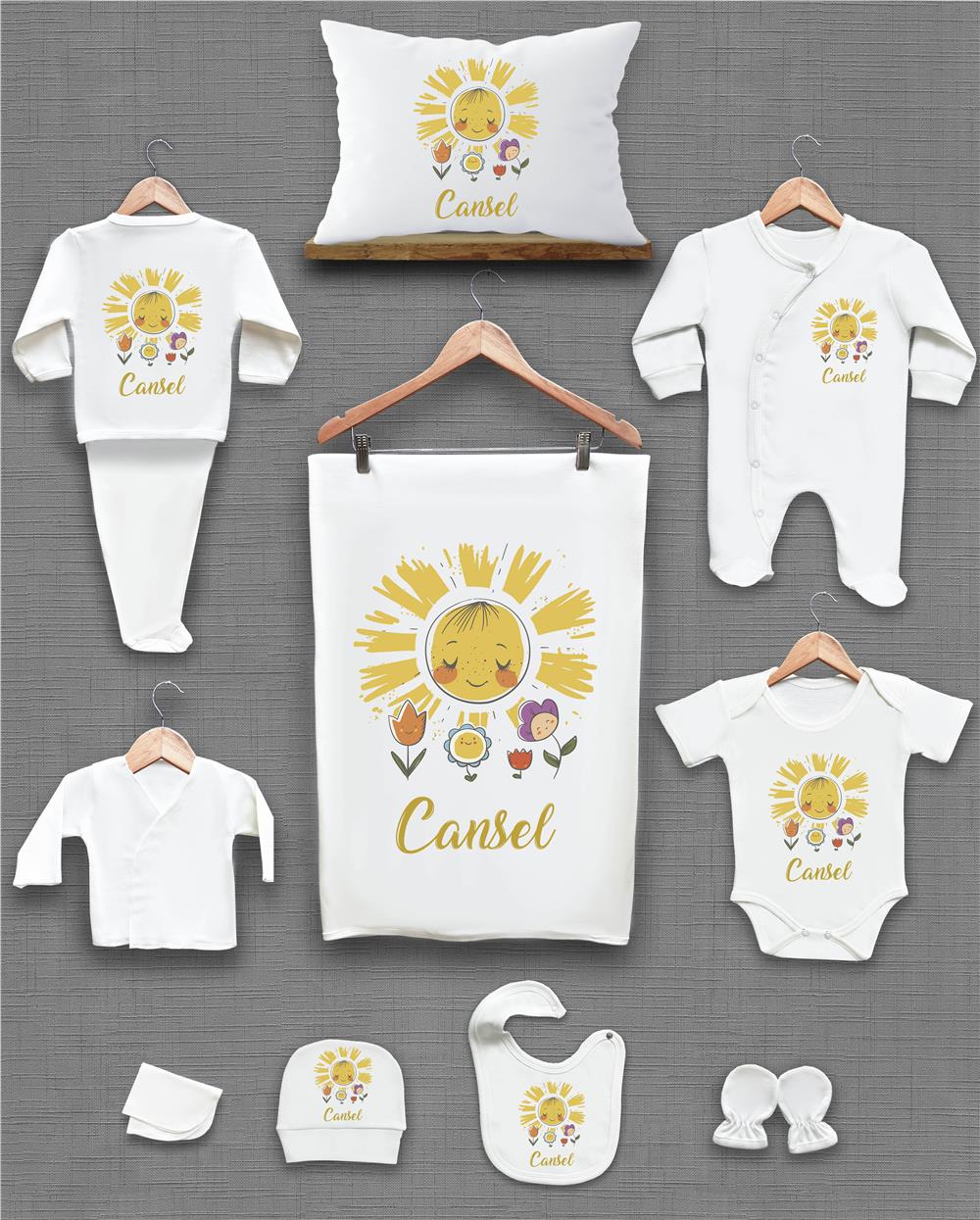 Güneş ve Çiçek Desenli 11'li İsimli Organik Hastane Çıkış Seti