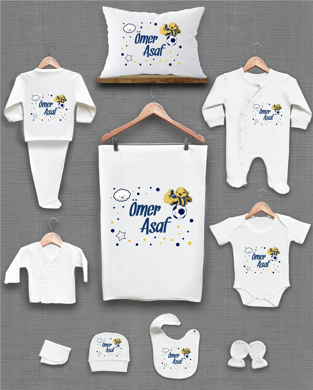 Kanarya Top ve Bulut Desenli 11'li İsimli Organik Hastane Çıkış Seti