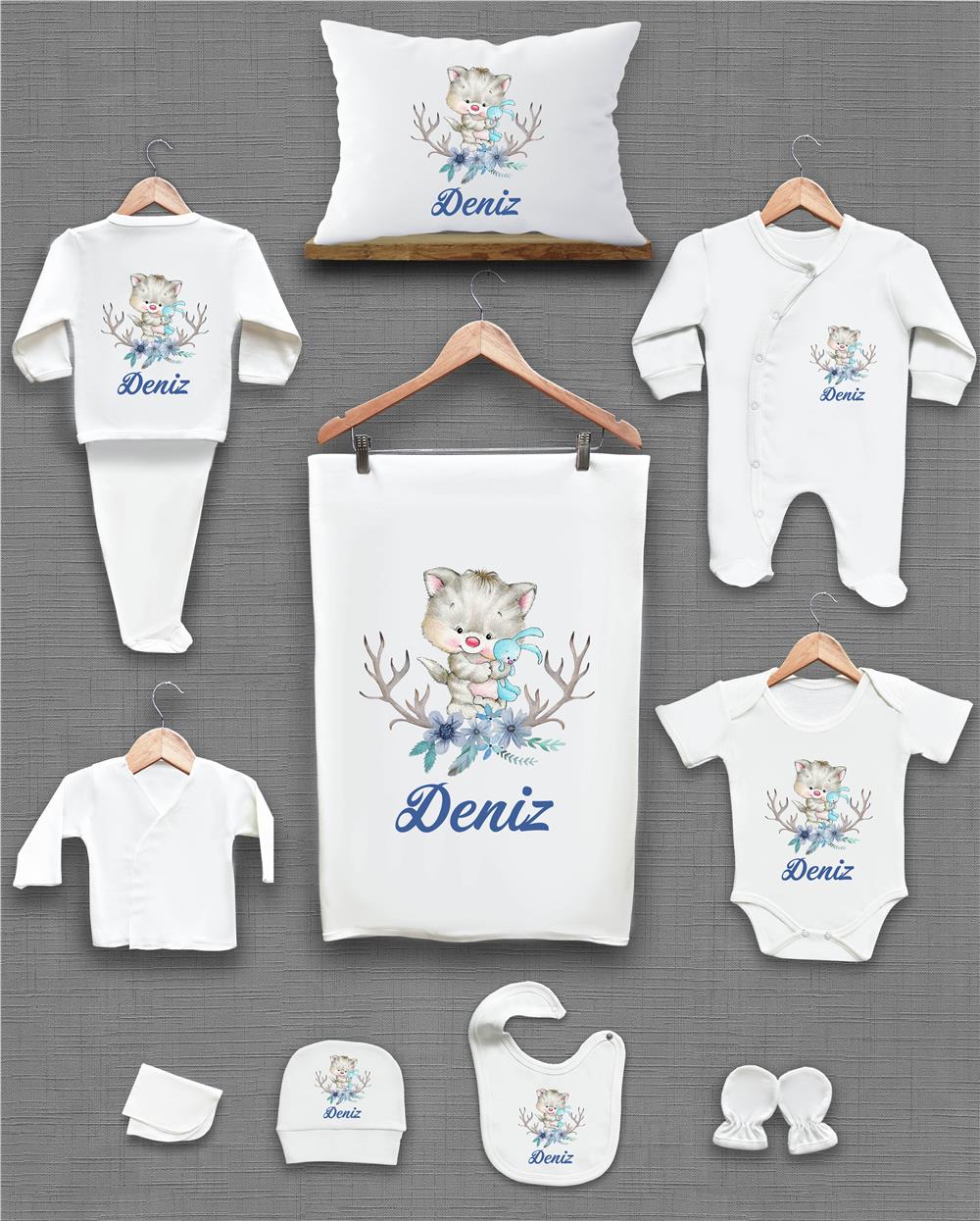 Kedi ve Tavşan Desenli 11'li İsimli Organik Hastane Çıkış Seti