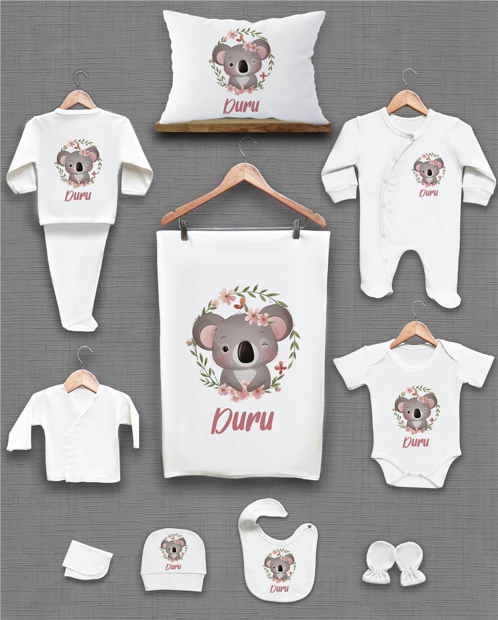 Koala ve Çelenk Desenli 11'li İsimli Organik Hastane Çıkış Seti