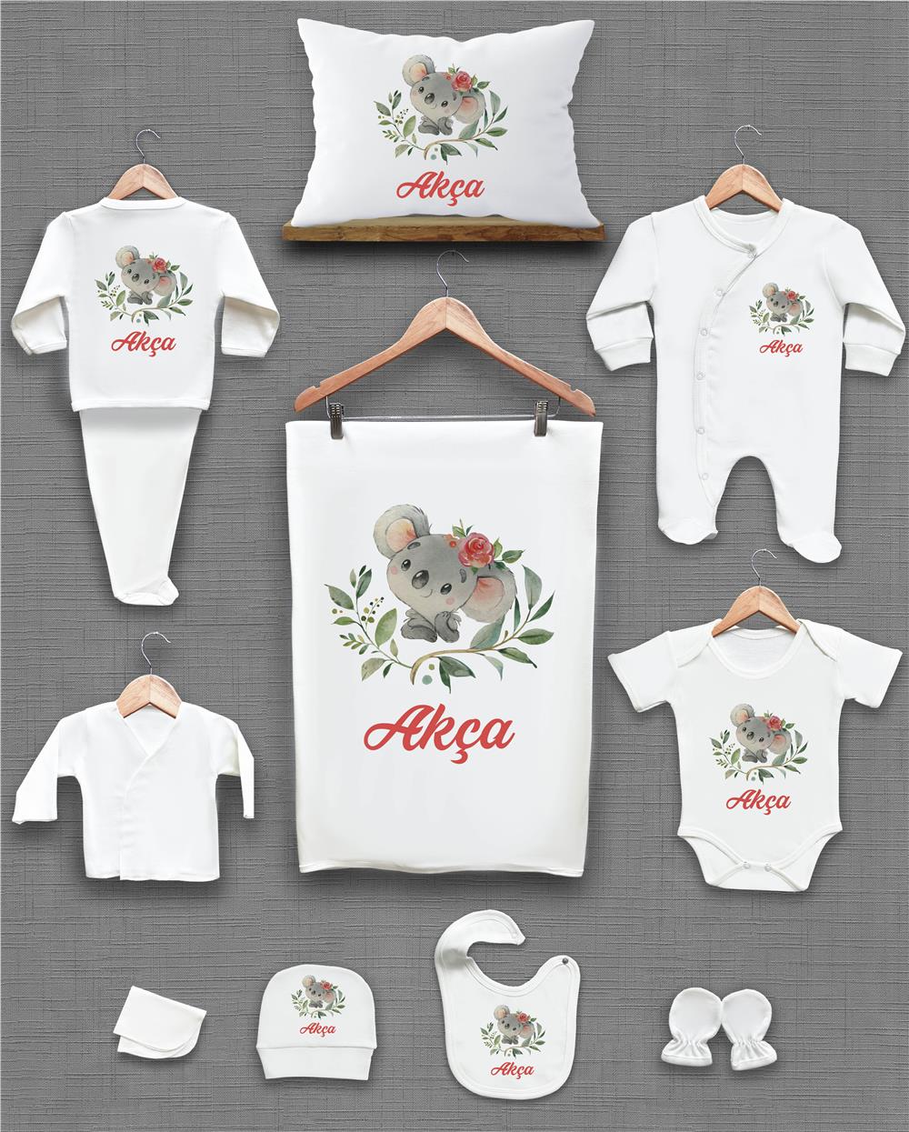 Kuala ve Yeşil Yaprak Desenli 11'li İsimli Organik Hastane Çıkış Seti