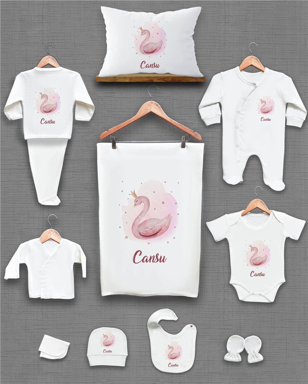 Kuğu Desenli 11'li İsimli Organik Hastane Çıkış Seti