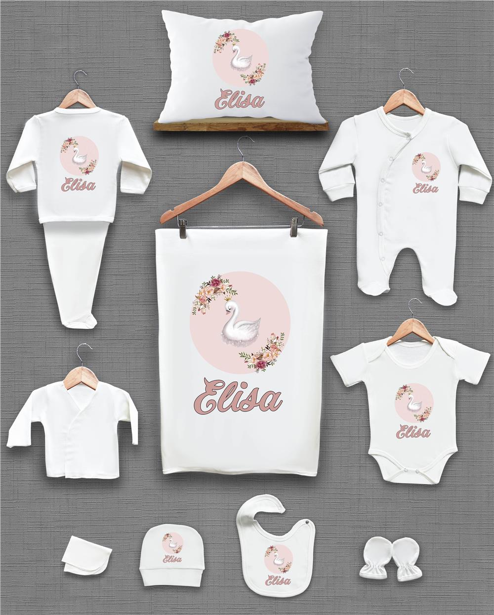 Kuğu ve Çiçek Desenli 11'li İsimli Organik Hastane Çıkış Seti