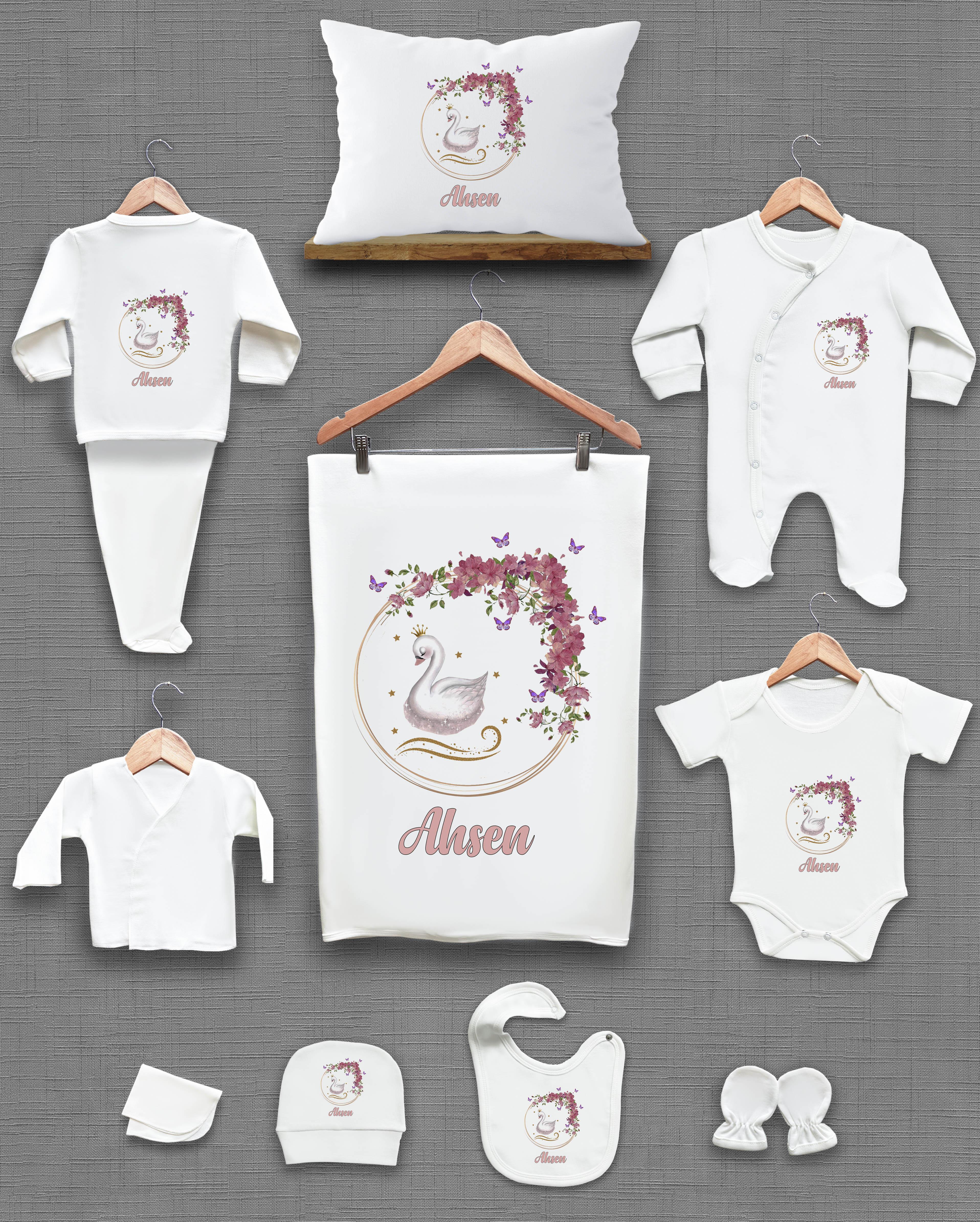 Kuğu ve Çiçek Desenli 11'li İsimli Organik Hastane Çıkış Seti