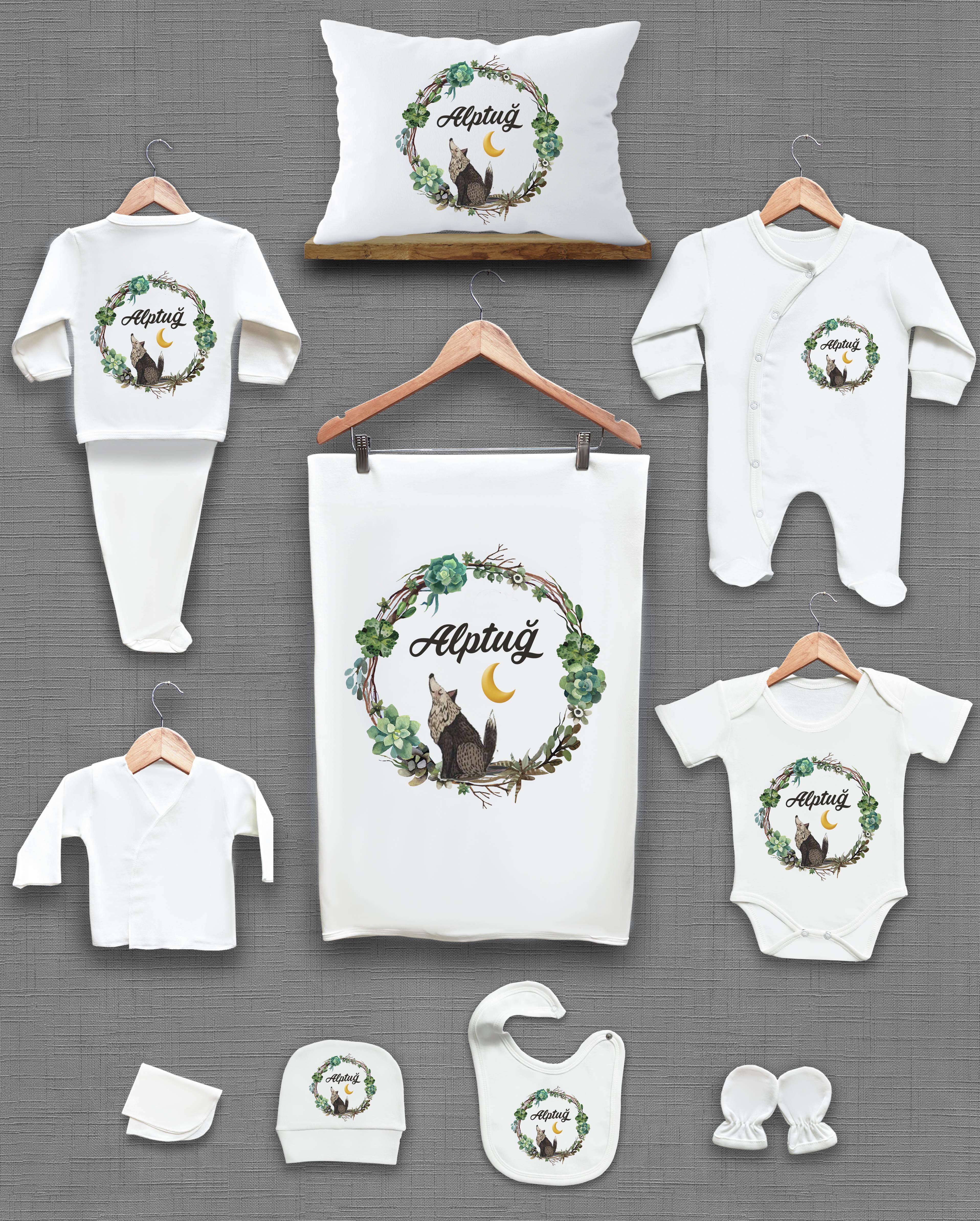 Kurt ve Yeşil Yaprak Desenli 11'li İsimli Organik Hastane Çıkış Seti