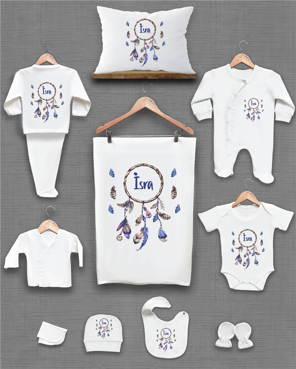 Kuş Tüğü ve Çelenk Desenli 11'li İsimli Organik Hastane Çıkış Seti