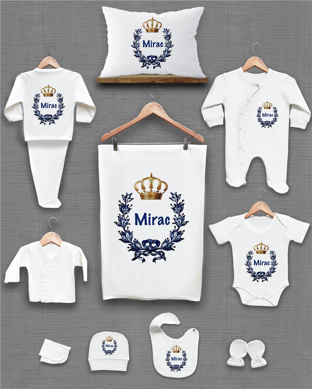 Lacivert Çelenk ve Kral Tacı Desenli 11'li İsimli Organik Hastane Çıkış Seti