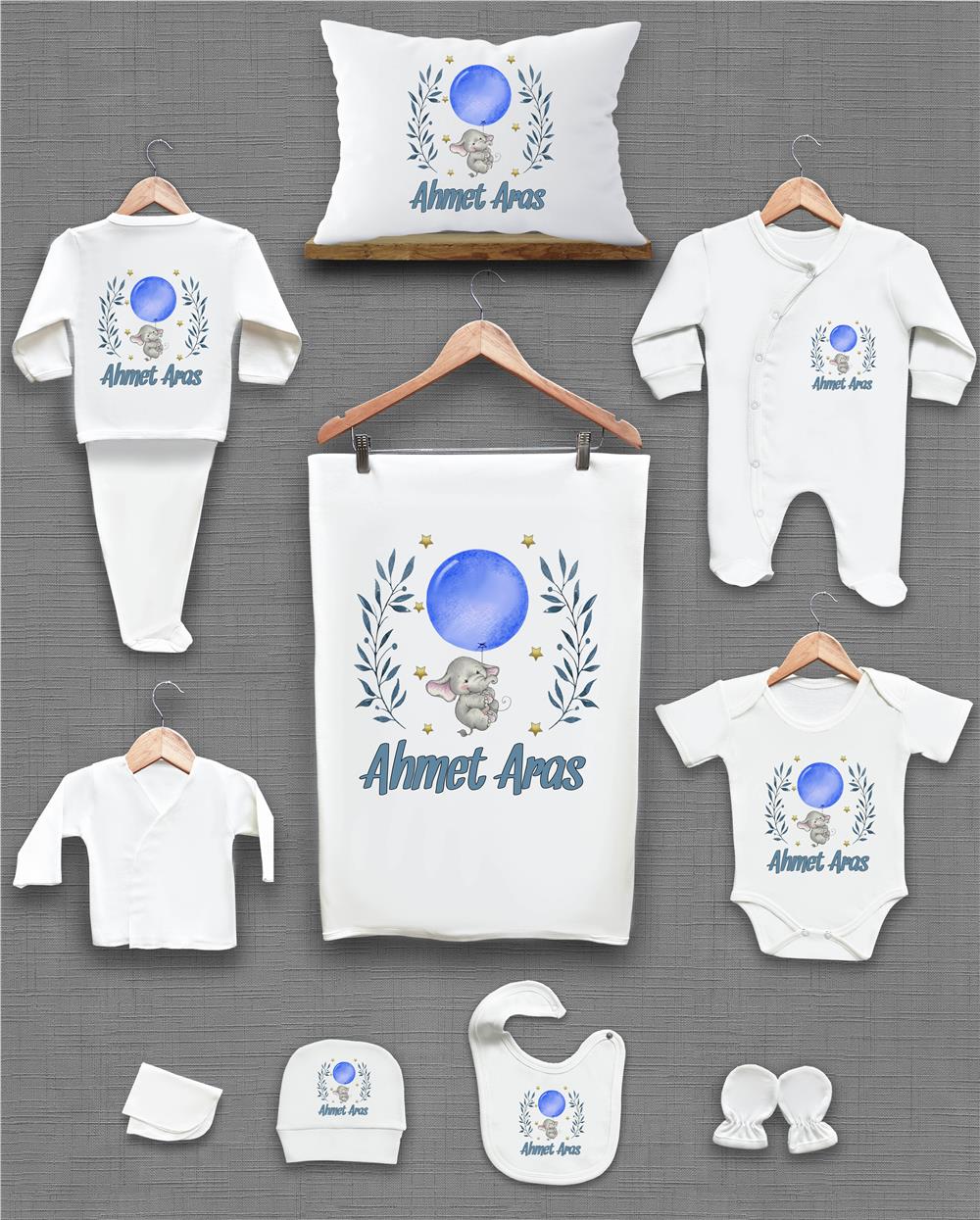Mavi Balonlu ve Sevimli Fil Desenli 11'li İsimli Organik Hastane Çıkış Seti