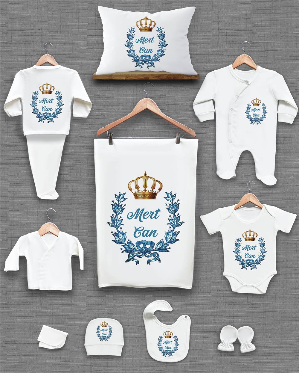 Mavi Çelenk ve Kral Tacı Desenli 11'li İsimli Organik Hastane Çıkış Seti