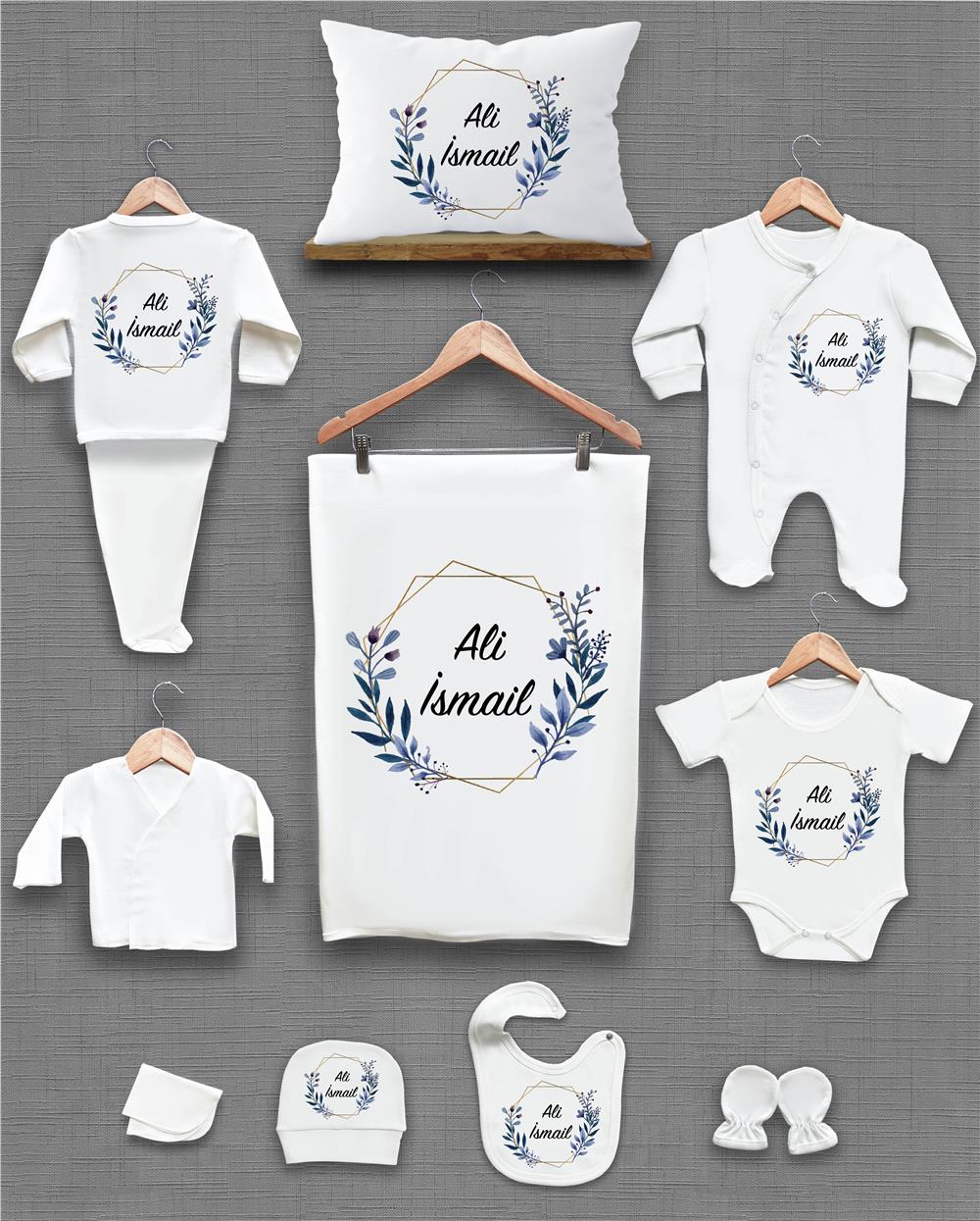 Mavi Çiçek Desenli 11'li İsimli Organik Hastane Çıkış Seti