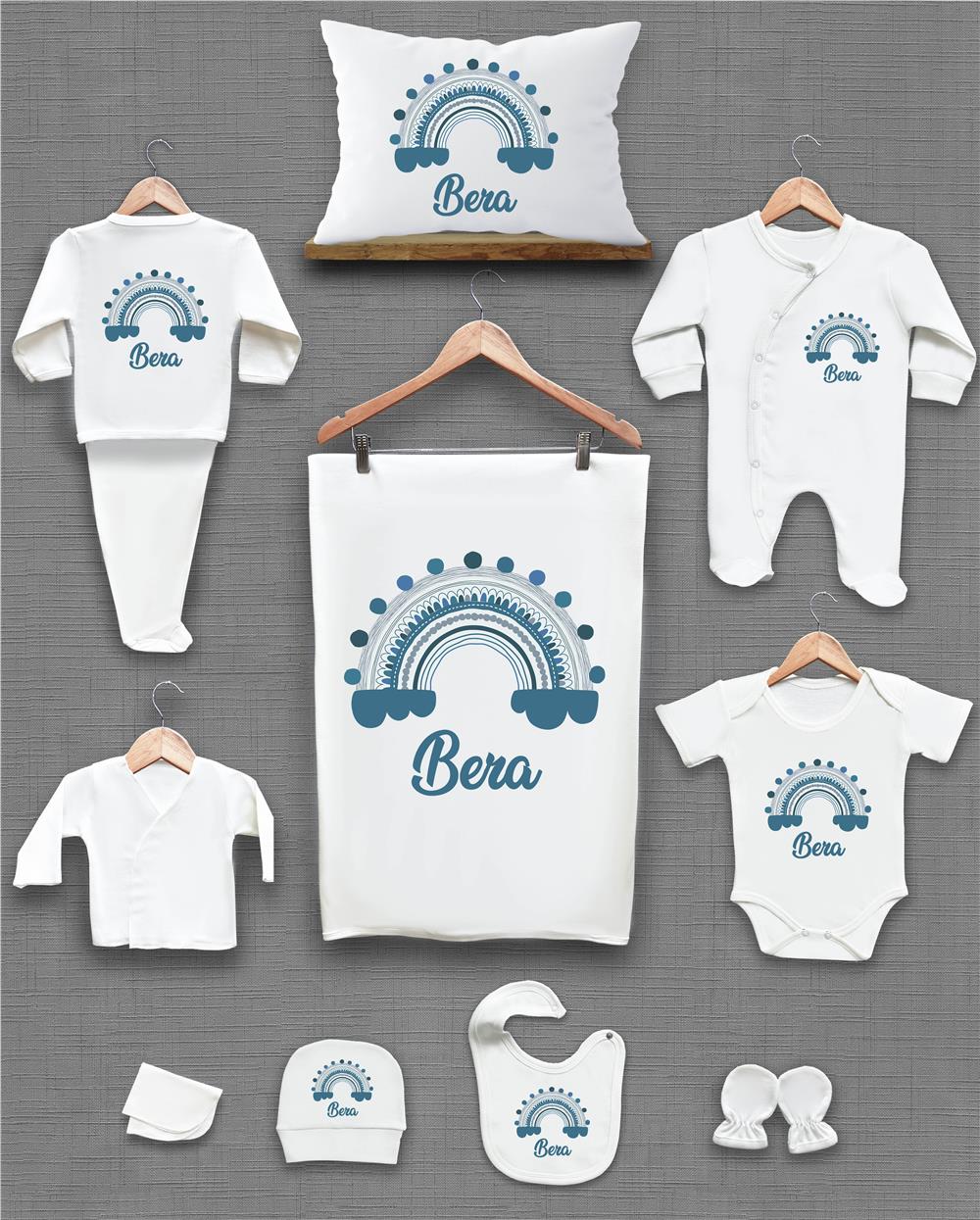 Mavi Gökkuşağı Desenli 11'li İsimli Organik Hastane Çıkış Seti