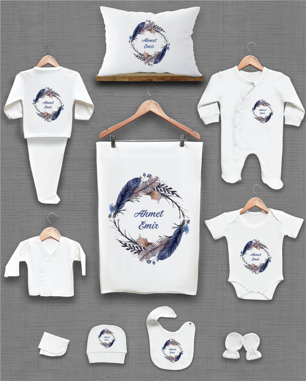 Mavi Kuş Tüğü Desenli 11'li İsimli Organik Hastane Çıkış Seti