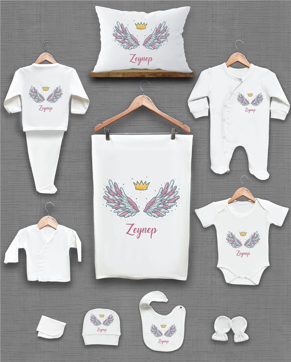 Melek Kanadı ve Taç Desenli 11'li İsimli Organik Hastane Çıkış Seti