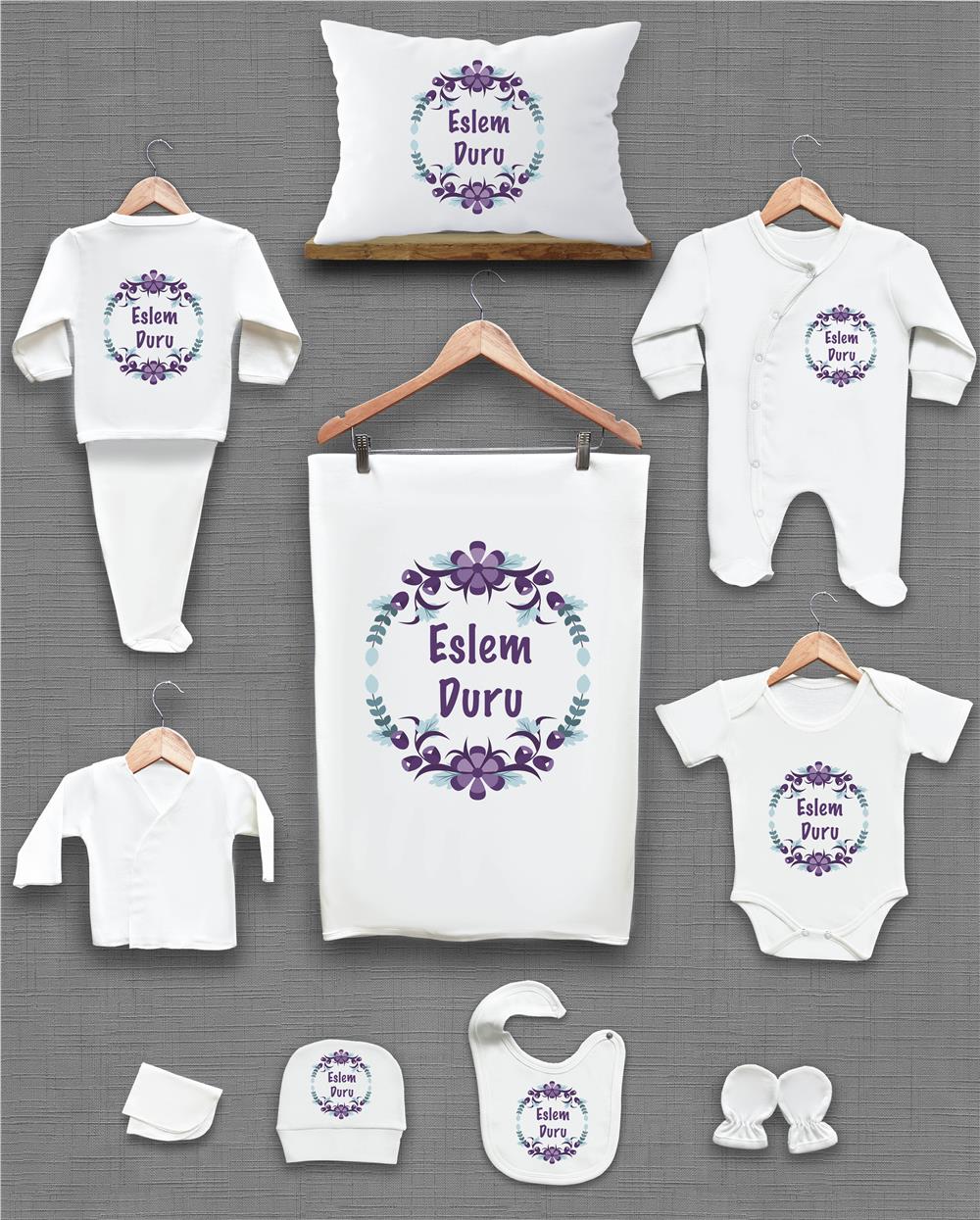 Mor Çiçek Çelenk Desenli 11'li İsimli Organik Hastane Çıkış Seti