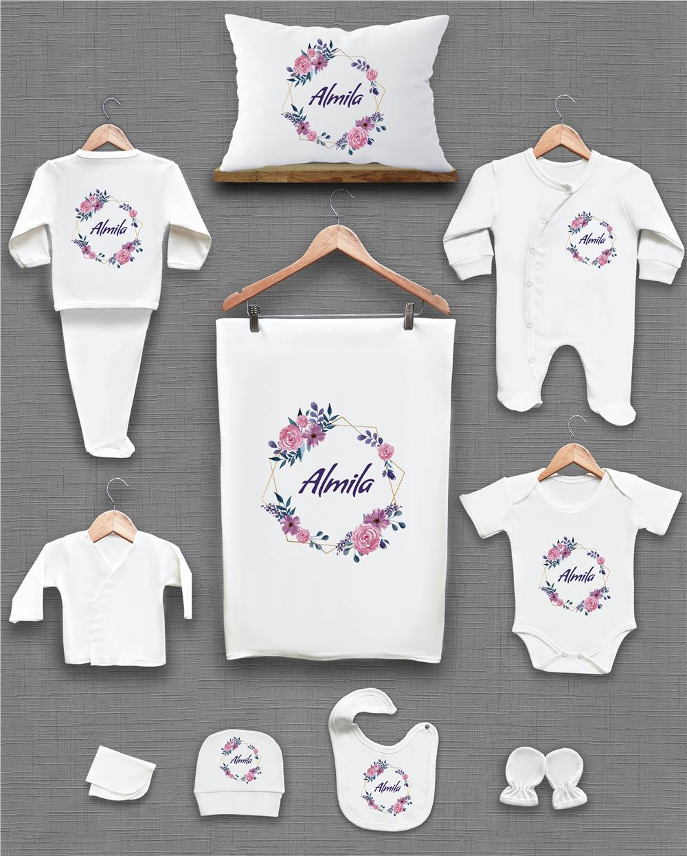 Mor Çiçek Desenli 11'li İsimli Organik Hastane Çıkış Seti