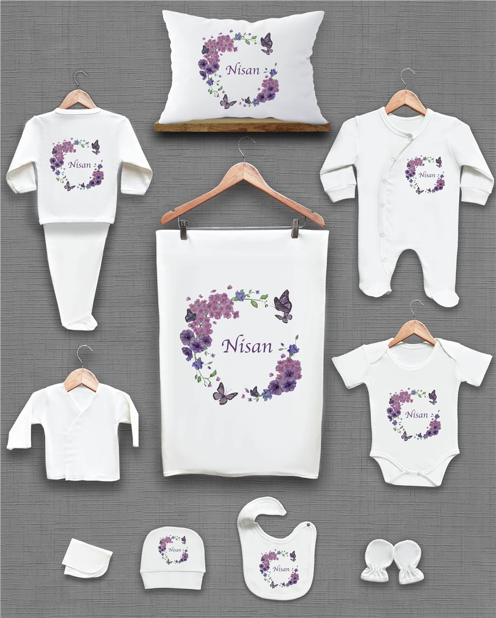 Mor Çiçek ve Kelebek Desenli 11'li İsimli Organik Hastane Çıkış Seti