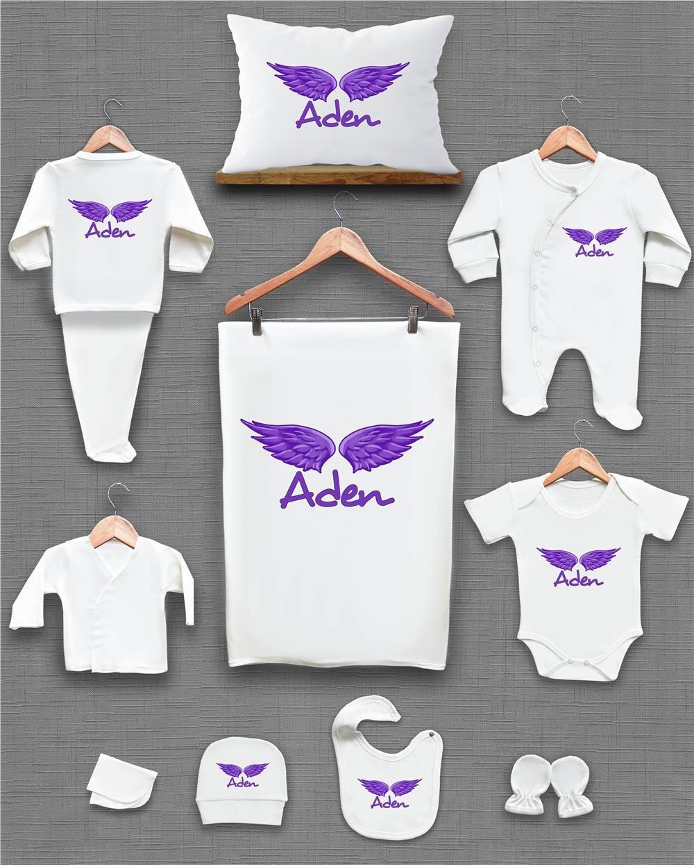 Mor Melek Kanat Desenli 11'li İsimli Organik Hastane Çıkış Seti