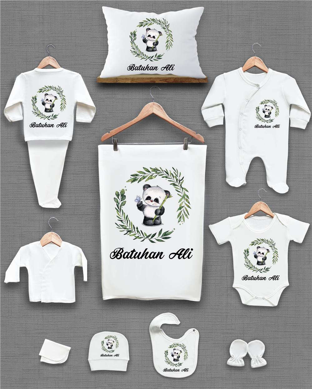 Panda ve Mavi Yaprak Çelenk Desenli 11'li İsimli Organik Hastane Çıkış Seti