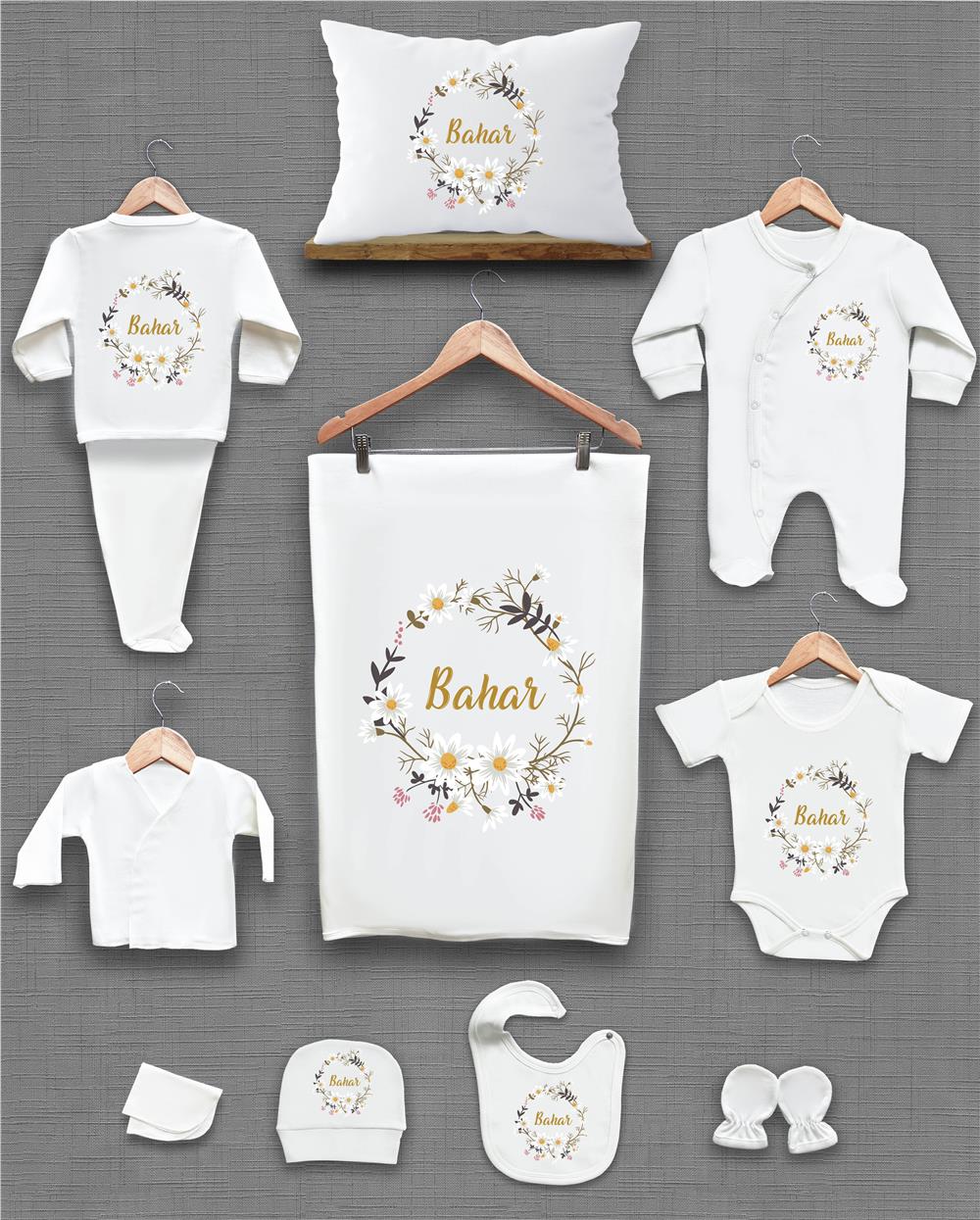 Papatya ve Yaprak Desenli 11'li İsimli Organik Hastane Çıkış Seti