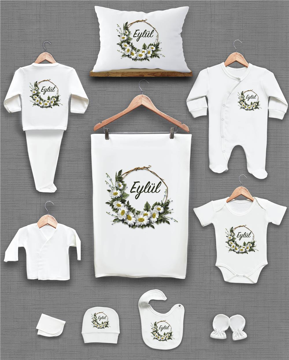 Papatya ve Yeşil Yaprak Desenli 11'li İsimli Organik Hastane Çıkış Seti