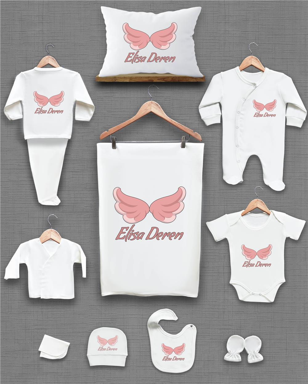 Pembe Melek Kanat Desenli 11'li İsimli Organik Hastane Çıkış Seti