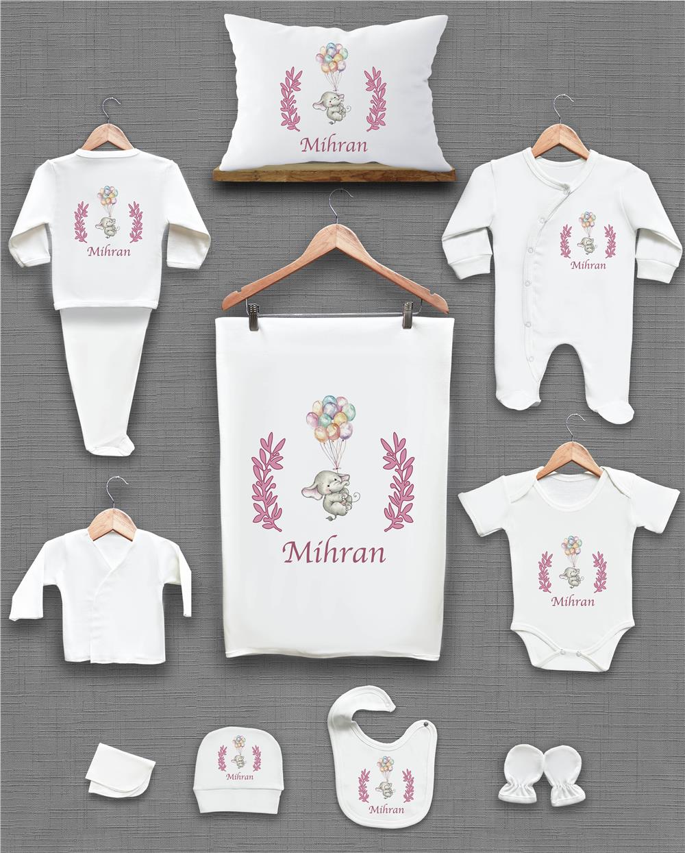 Pembe Yaprak Fil ve Balon Desenli 11'li İsimli Organik Hastane Çıkış Seti