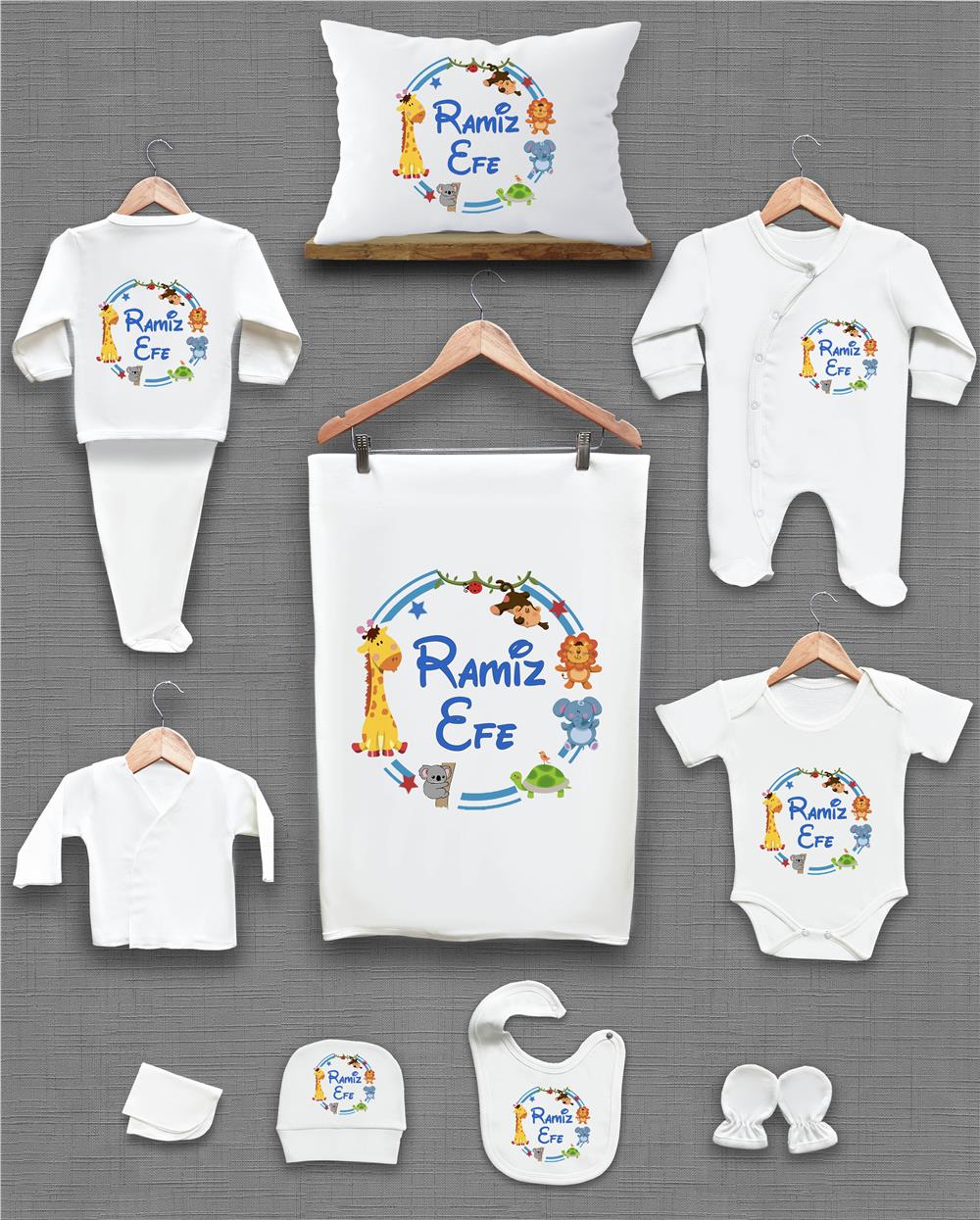 Safari ve Mavi Çizim Desenli 11'li İsimli Organik Hastane Çıkış Seti