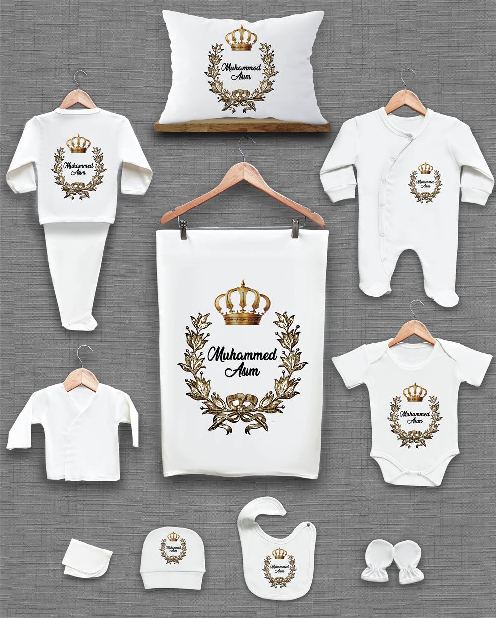 Sarı Çelenk ve Kral Tacı Desenli 11'li İsimli Organik Hastane Çıkış Seti