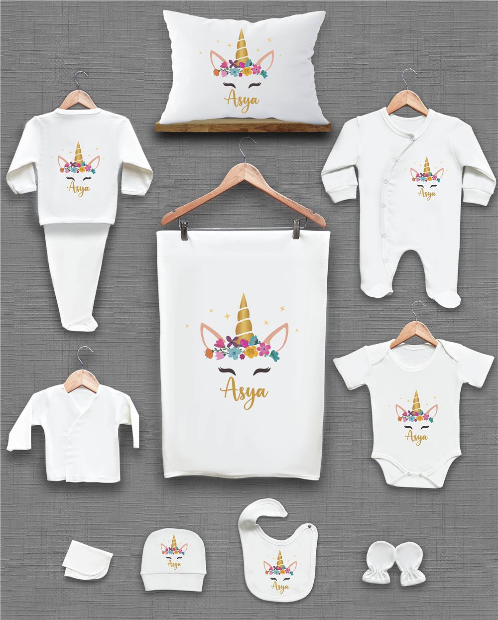 Sarı Uniqon Desenli 11'li İsimli Organik Hastane Çıkış Seti