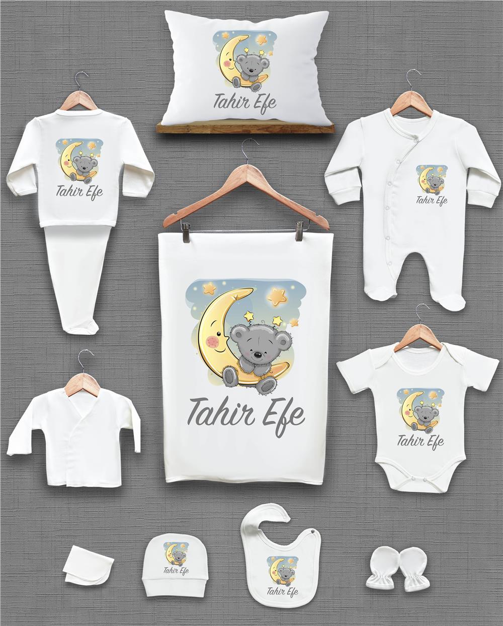 Sevimli Ayı ve Ay Desenli 11'li İsimli Organik Hastane Çıkış Seti