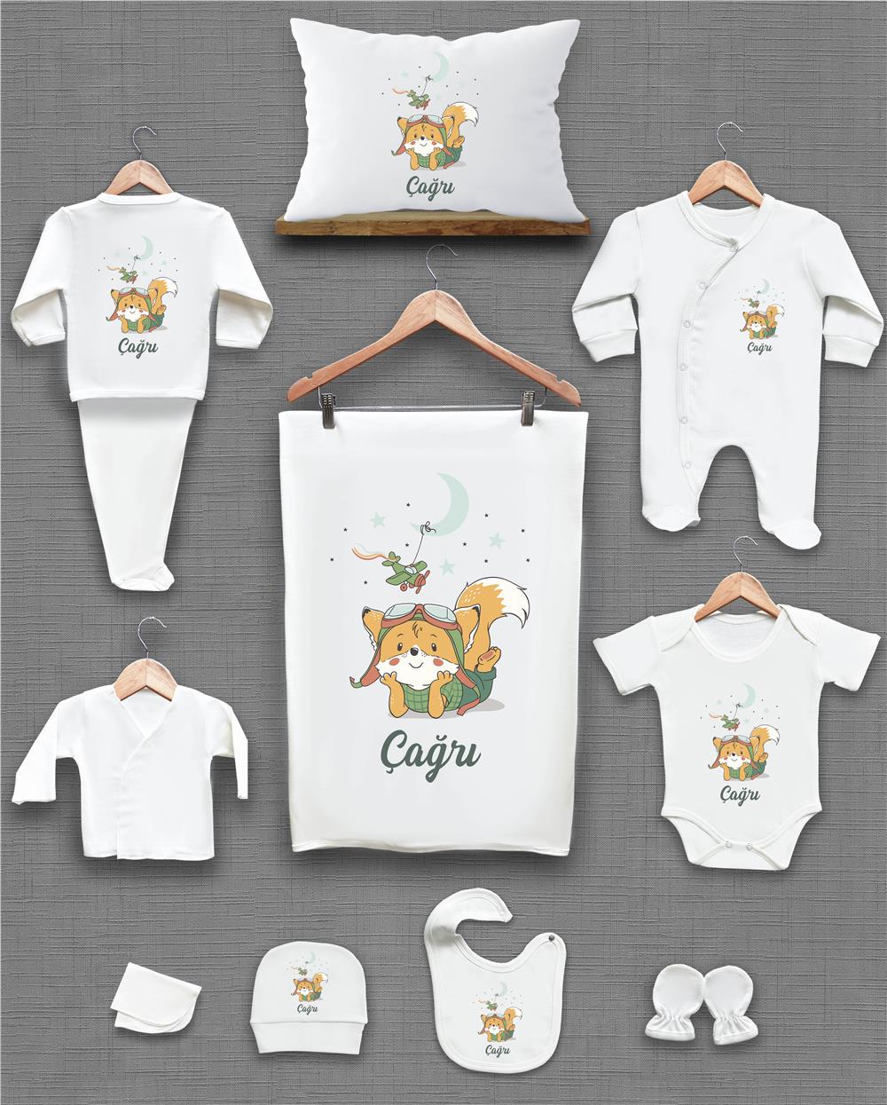 Sevimli Ayı ve Balon Desenli 11'li İsimli Organik Hastane Çıkış Seti