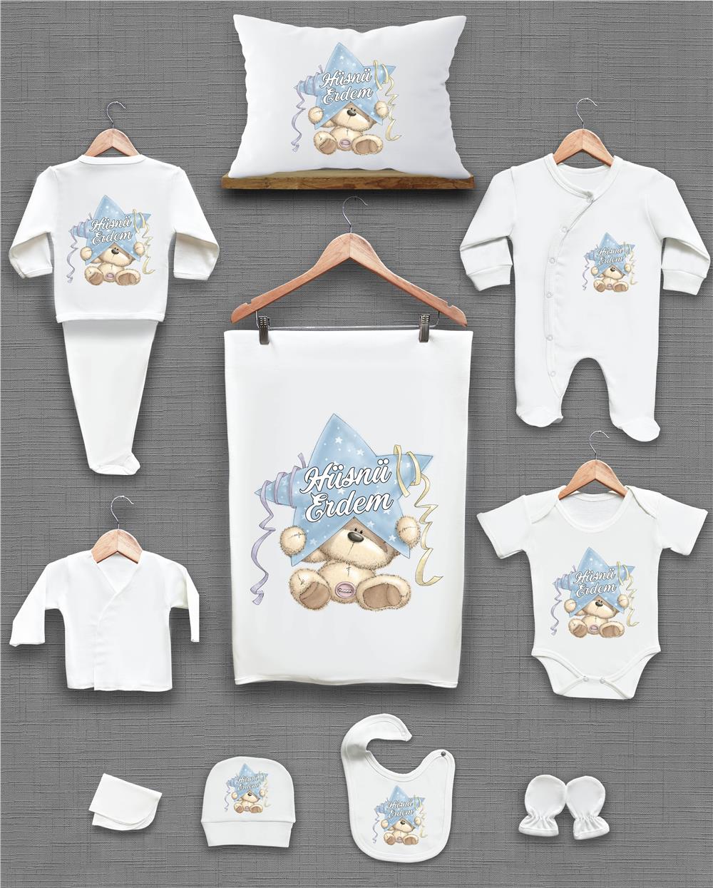 Sevimli Ayı ve Yıldız Desenli 11'li İsimli Organik Hastane Çıkış Seti