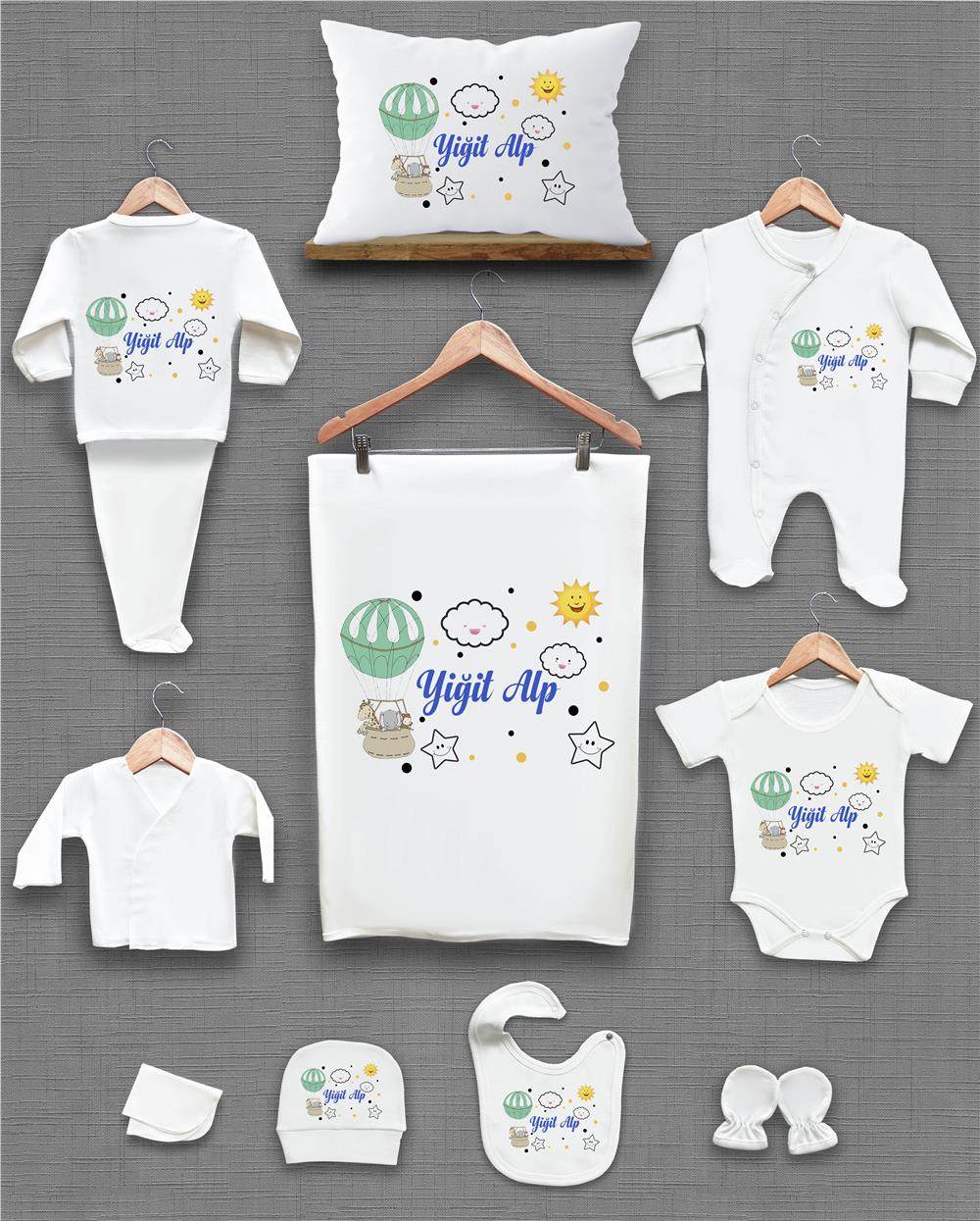 Sevimli Balon ve Güneş Temalı 11'li İsimli Organik Hastane Çıkış Seti