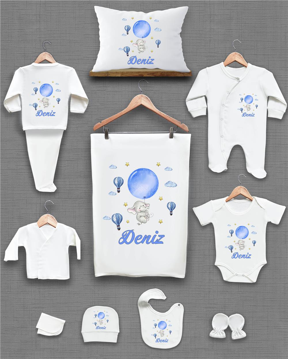 Sevimli Fil ve Balon Desenli 11'li İsimli Organik Hastane Çıkış Seti