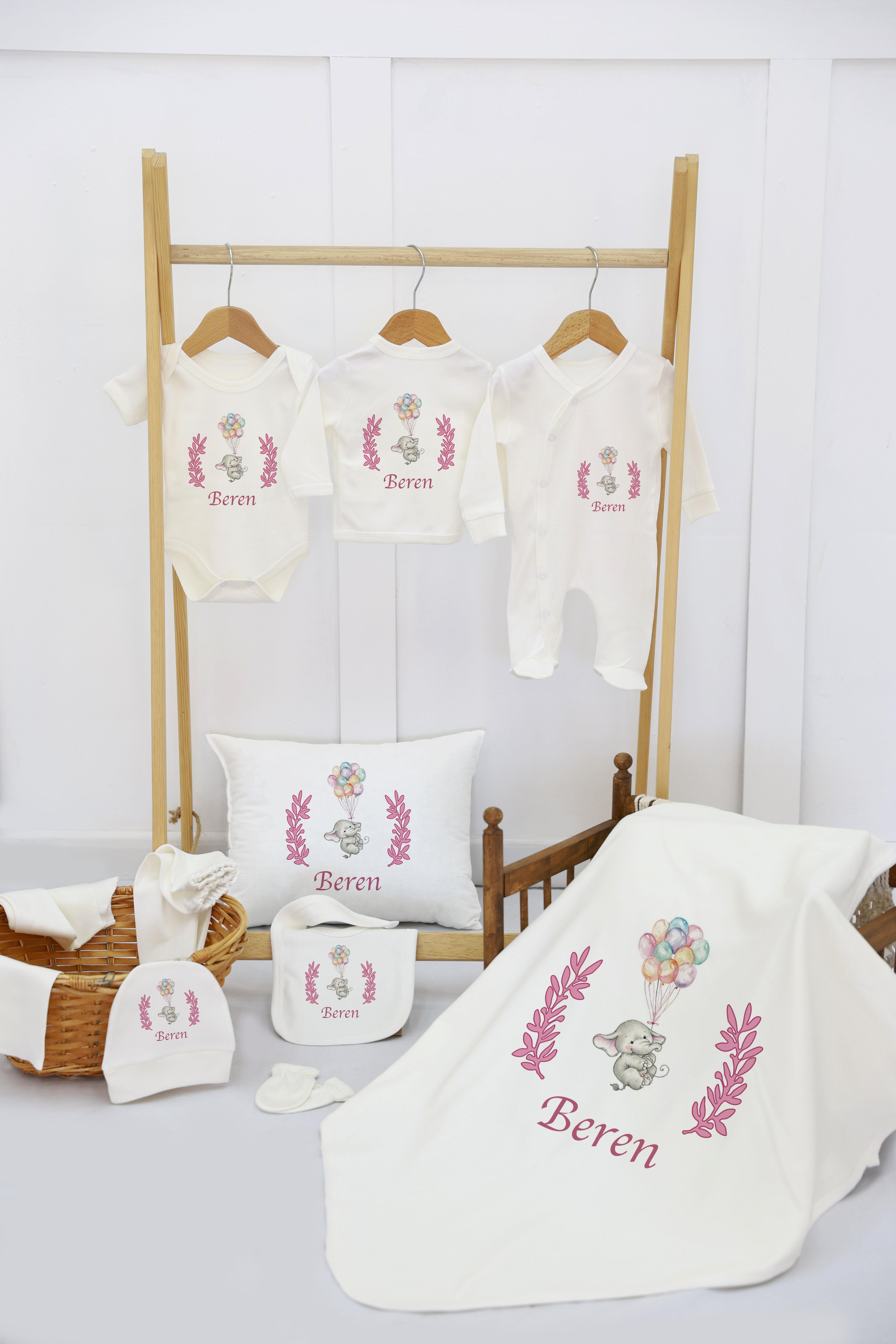 Sevimli Fil ve Bulut Desenli 11'li İsimli Organik Hastane Çıkış Seti