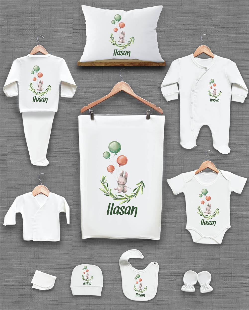 Tavşan ve Balon Desenli 11'li İsimli Organik Hastane Çıkış Seti