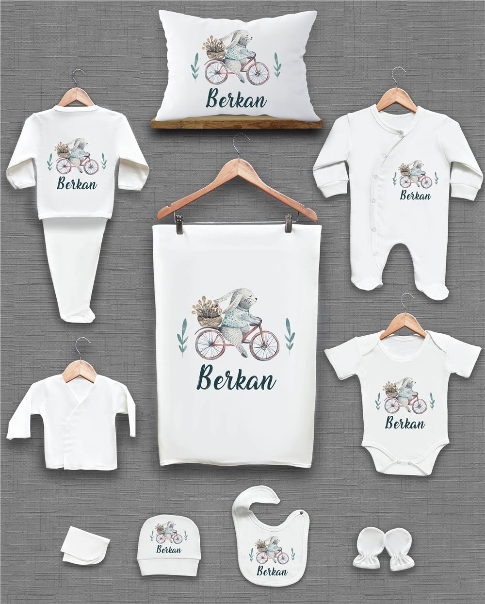 Tavşan ve Bisiklet Desenli 11'li İsimli Organik Hastane Çıkış Seti