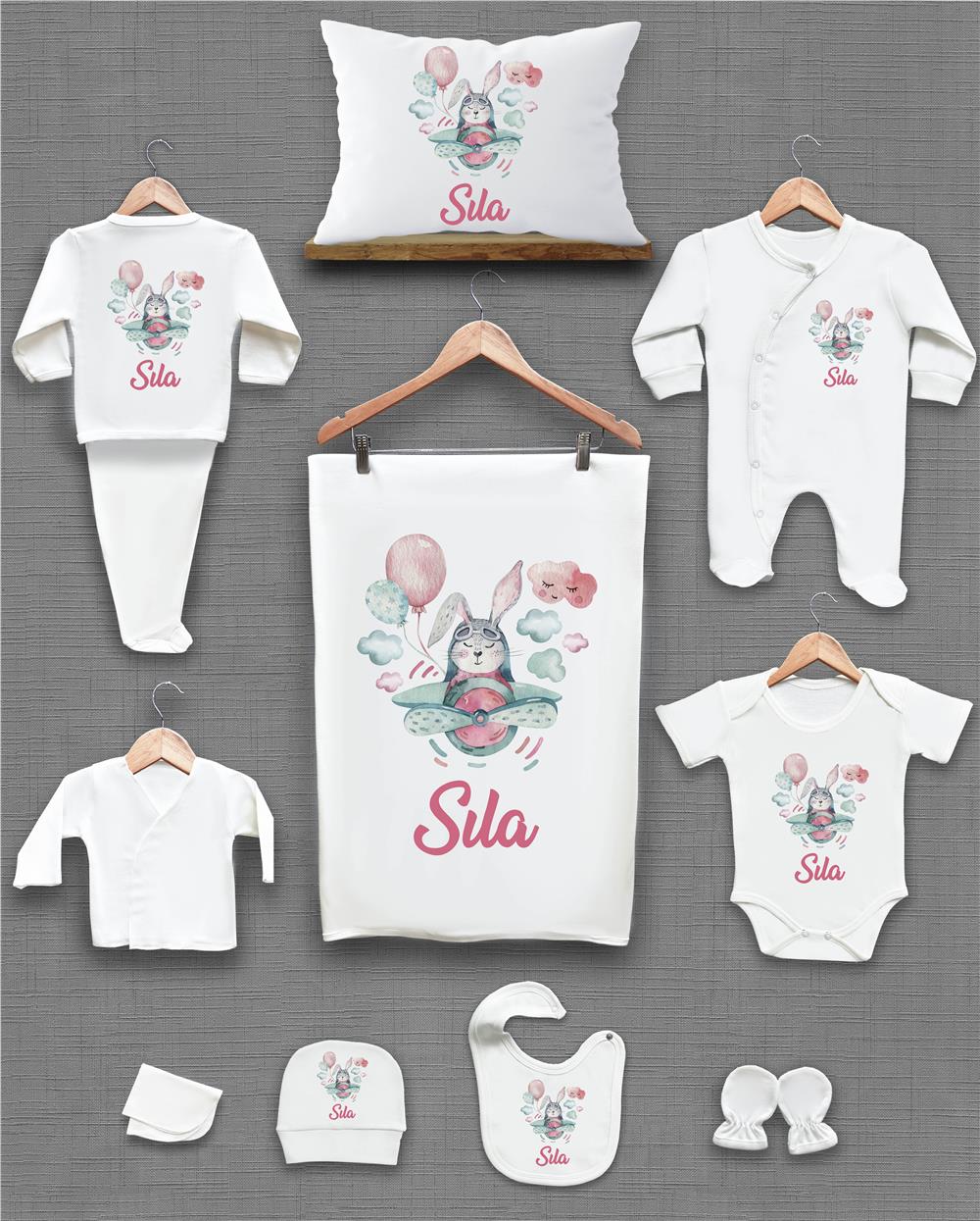 Tavşan ve Uçak Desenli 11'li İsimli Organik Hastane Çıkış Seti